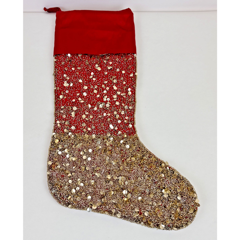 Rachel Zoe Christmas Stocking Beaded Sequins Red Gold